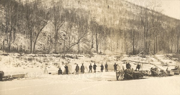 View of the caravan (camp) of the exploration party on the ice of the Zeya River, 1909. Creator: Vladimir Ivanovich Fedorov.