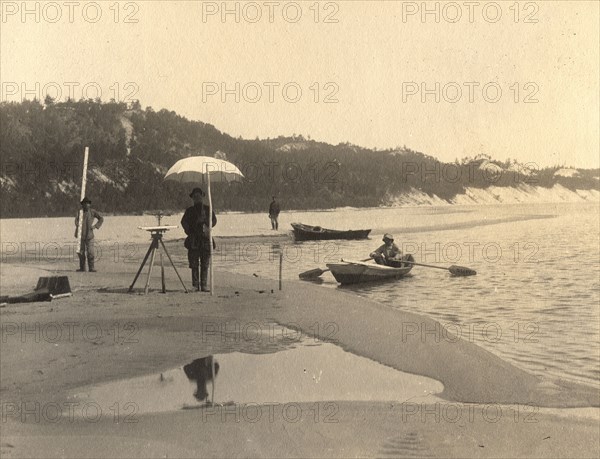 A survey group with instruments on the right bank of the Zeya River, 1909. Creator: Vladimir Ivanovich Fedorov.