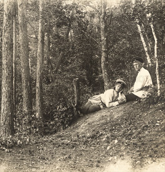 Survey engineers N.N. Vylezhinsky and A.M. Vikhman on vacation in the forest, 1909. Creator: Vladimir Ivanovich Fedorov.