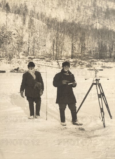 Carrying out a scale survey on the banks of the Zeya River, 1909. Creator: Vladimir Ivanovich Fedorov.