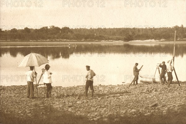 Carrying out leveling on the banks of the Zeya River, 1909. Creator: Vladimir Ivanovich Fedorov.