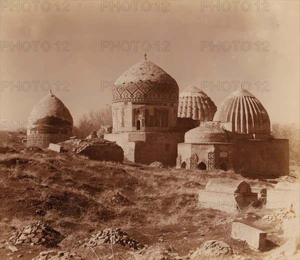 Shakh-i Zindeh mosque; view from the northeast, Samarkand, between 1905 and 1915. Creator: Sergey Mikhaylovich Prokudin-Gorsky.