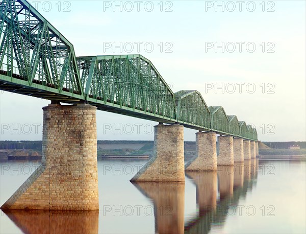 Trans-Siberian Railway metal truss bridge on stone piers, over the Kama River near Perm..., c1910. Creator: Sergey Mikhaylovich Prokudin-Gorsky.