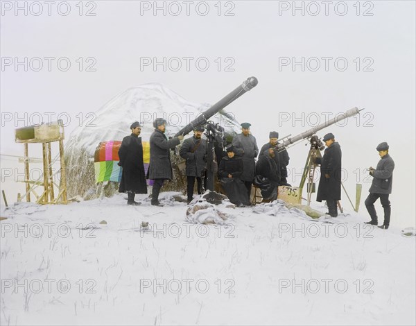 Observing a solar eclipse on January 1, 1907, near the Cherniaevo Station in the Tian-Shan..., 1907. Creator: Sergey Mikhaylovich Prokudin-Gorsky.