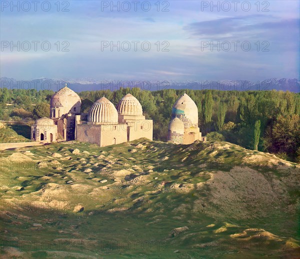 General view of the Shakh-i Zindeh mosque (evening photo), Samarkand, between 1905 and 1915. Creator: Sergey Mikhaylovich Prokudin-Gorsky.