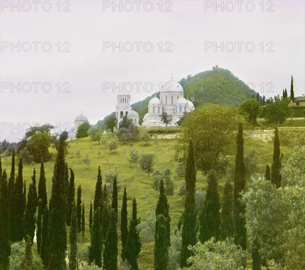 View from the south, Novyi Afon [monastery], between 1905 and 1915. Creator: Sergey Mikhaylovich Prokudin-Gorsky.