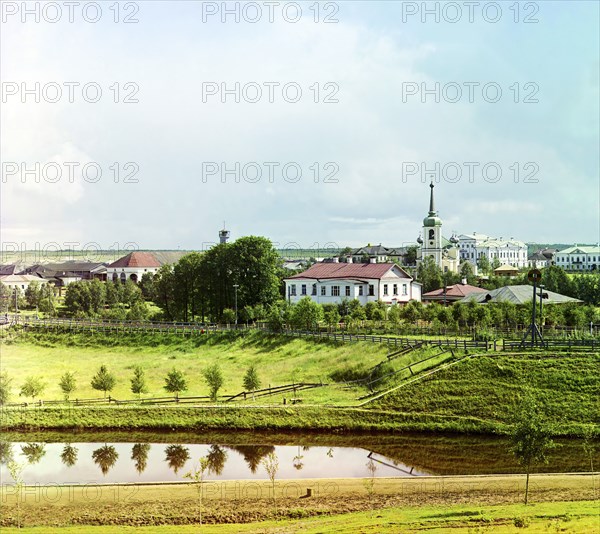 View of the city of Vytegra from a hill [Russian Empire], 1909. Creator: Sergey Mikhaylovich Prokudin-Gorsky.