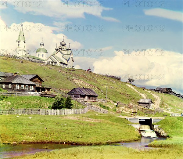 Village of Deviatiny and the Saint Boris dam [Russian Empire], 1909. Creator: Sergey Mikhaylovich Prokudin-Gorsky.