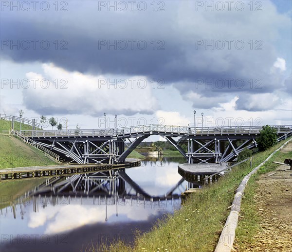 Drawbridge on the Vytegra River [Russian Empire], 1909. Creator: Sergey Mikhaylovich Prokudin-Gorsky.