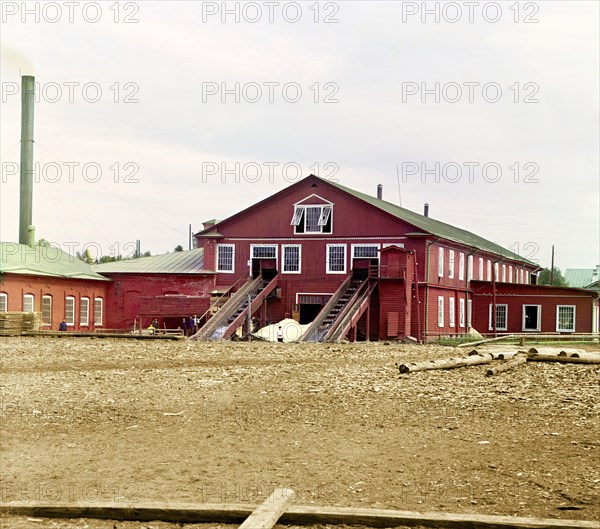 View of the sawmill, Kovzha [Russian Empire], 1909. Creator: Sergey Mikhaylovich Prokudin-Gorsky.