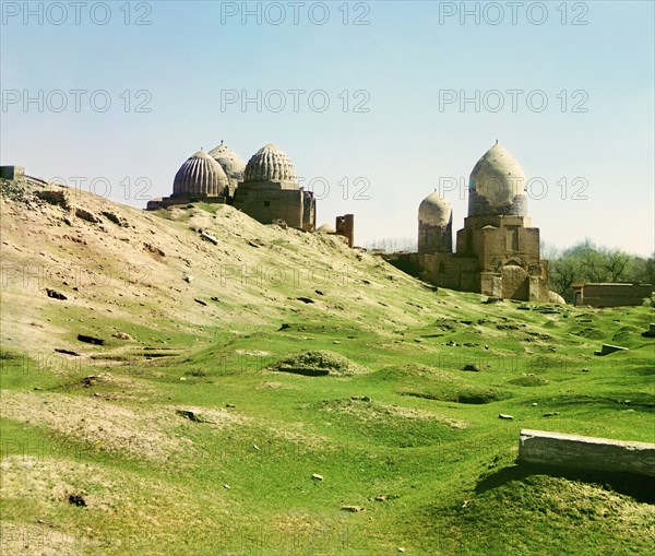 General view of Shakh-i Zindeh mosque, from the northwest, Samarkand, between 1905 and 1915. Creator: Sergey Mikhaylovich Prokudin-Gorsky.