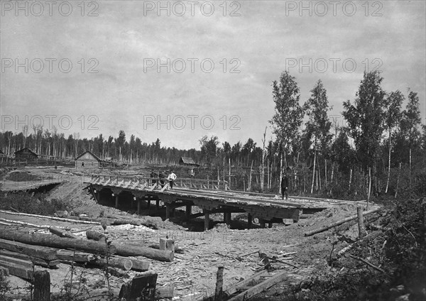 Construction of a Bridge 18 Sazhens Long Across the Khilok River on the Povarenskaia Road, 1909. Creator: Dorozhno-Stroitel'nyi Otdel.