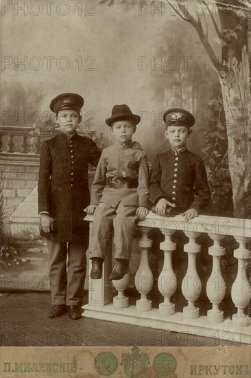Portrait of three high school students, 1900. Creator: PA Milevskii.