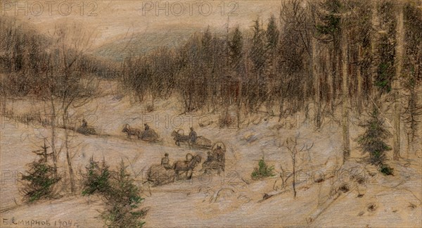 Siberian Road in Winter. A String of Carts Going from "Rasseia" to the Krasnoyarsk Region, 1904. Creator: Boris Vasilievich Smirnov.