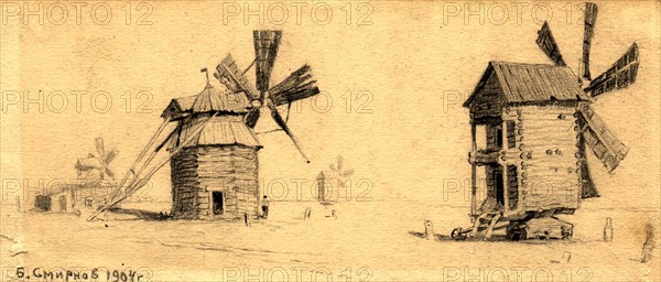 Windmills on the Baraba Steppe near Omsk, 1904. Creator: Boris Vasilievich Smirnov.