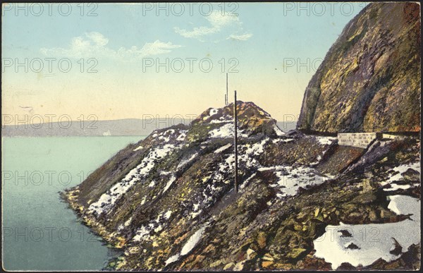 Lake Baikal, rock and excavation near the pier of Mysovaya station, 1904-1917. Creator: Unknown.