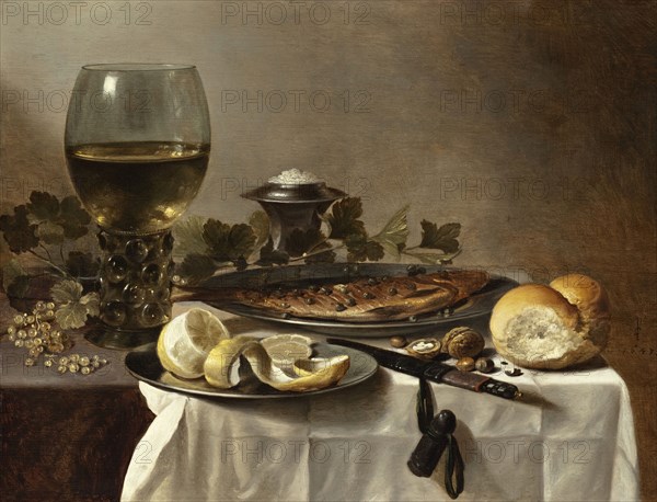 Still Life with Herring, Wine and Bread (image 1 of 2), 1647. Creator: Pieter Claesz.