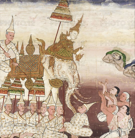 Prince Vessantara Gives Away His White Elephant, Scene from Vessantara..., between c1860 and c1890. Creator: Unknown.