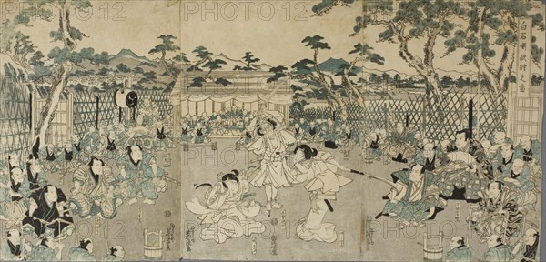 Sisters Avenging their Father's Death (from Kabuki Play 'Shiraishi'), between c1820 and c1830. Creator: Ikeda Eisen.