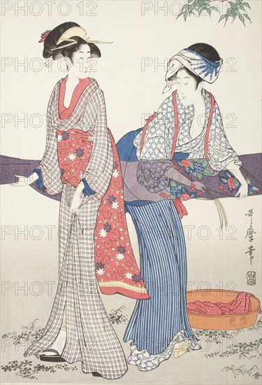 Stretching Wet Cloth (image 1 of 3), late 18th-early 19th century. Creator: Kitagawa Utamaro.