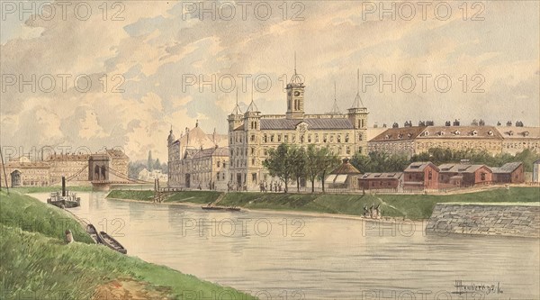 The Weissgärber Lände in Vienna with the Danube steamship building, 1895. Creator: Vincenz Havlicek.