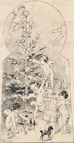 Angels cleaning Christmas tree, c1900. Creator: Carl Froschl.
