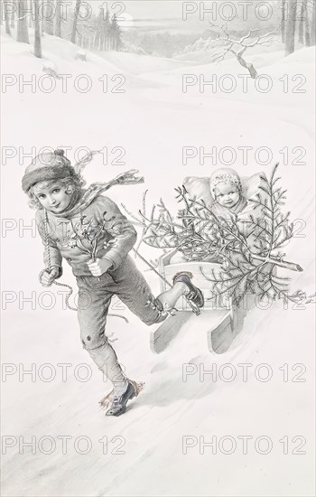 Two children driving through a winter landscape, c1900. Creator: Carl Froschl.