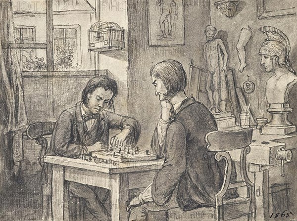 The chess players in the sculptor's studio, around 1870. Creator: Joseph Eugen Horwarter.