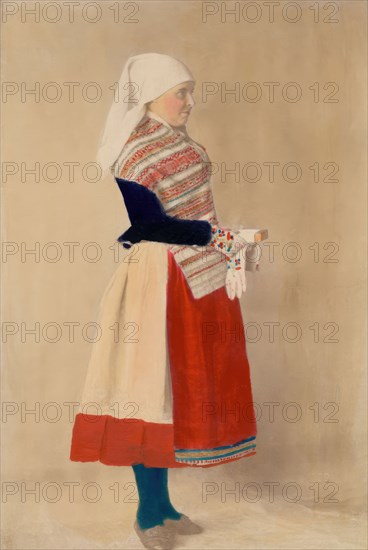 Woman dressed in folk costume, holiday costume from northern Öland, 1880-1907. Creator: Helene Edlund.