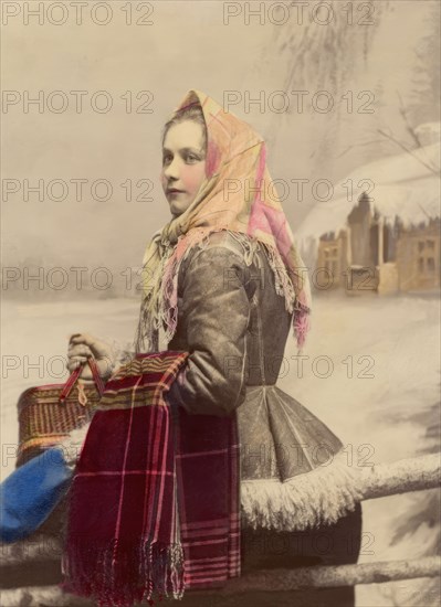 Young girl in fur-trimmed jacket with scarf, 1886-1910. Creator: Helene Edlund.