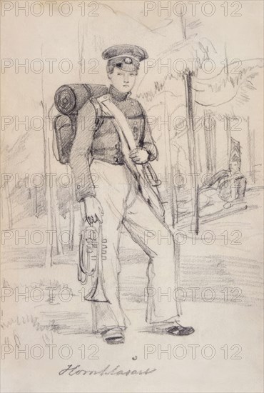 Horn Blower. Young soldier with pack and instruments. (c1850s). Creator: Fritz von Dardel.