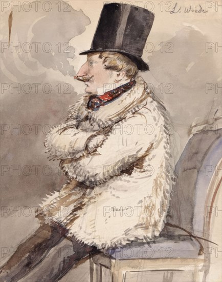 Man in fur jacket and top hat sits at the far end of a chair "L. Wiede". (c1850s). Creator: Fritz von Dardel.