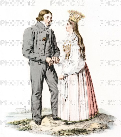 Bridal couple, folk costumes, Östra härad, Jämjö parish, Blekinge. (c19th century) Creator: Unknown.