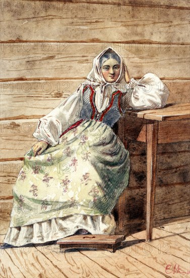 Seated woman in folk costume from Blekinge. Creator: Unknown.