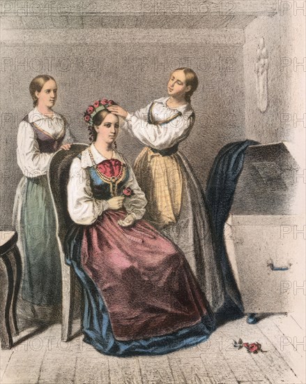 Two women dress a bride, Blekinge.  Creator: Unknown.