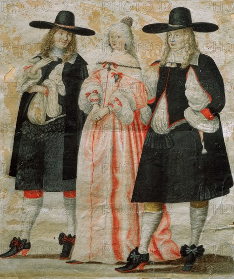 Two men and a woman in 17th century clothing. Creator: Unknown.