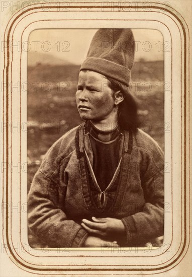 Profile portrait of Inga Kajsa Granström, 22 years old, Tuorpon Sami village, 1868.  Creator: Lotten von Duben.