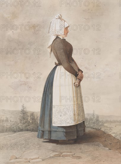 Apparel - woman standing in full figure with white apron, 1810-1857. Creator: Otto Wallgren.