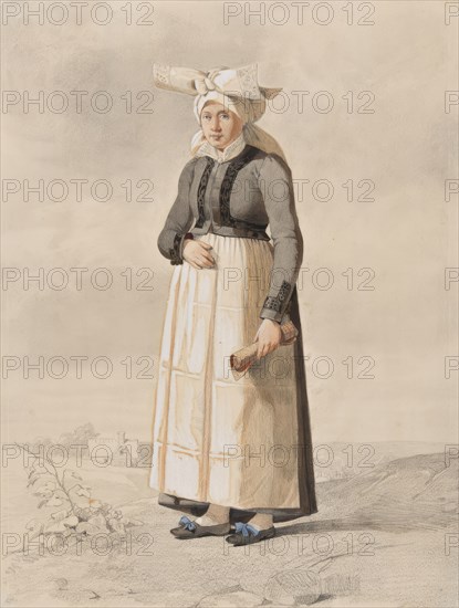 Woman in costume, standing full-length with a landscape in the background.  Creator: Otto Wallgren.