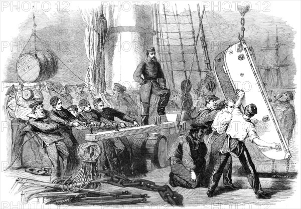 Reinforcements for Canada: shipping sledges on board the Calcutta at Woolwich for guns..., 1862. Creator: W Thomas.