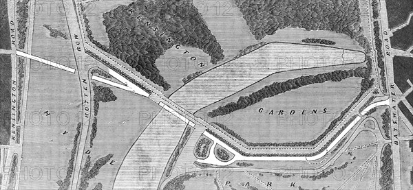 The proposed road through Hyde Park to the International Exhibition, 1862. Creator: Unknown.