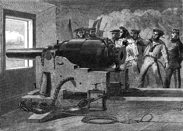Manufacture of the Armstrong Gun at Woolwich Arsenal: naval practice with a 100-pounder, 1862. Creator: Unknown.