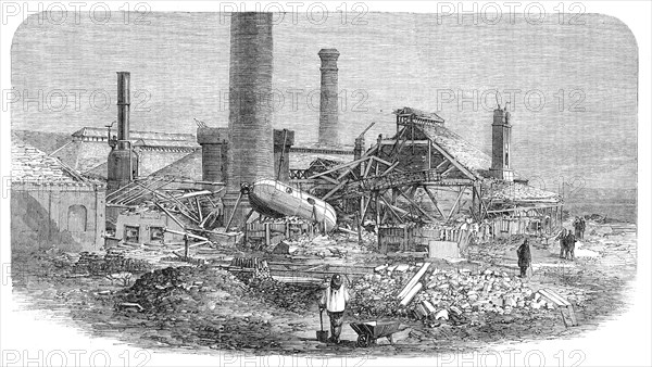 Scene of the boiler explosion at Millfield Ironworks, near Wolverhampton, 1862. Creator: Unknown.