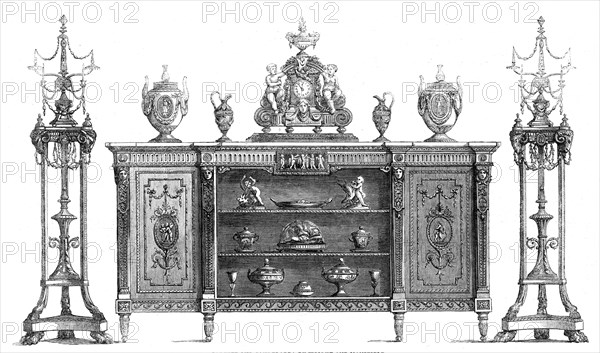 The International Exhibition: cabinet and candelabra by Wright and Mansfield, 1862. Creator: Unknown.