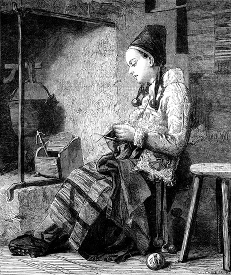 The International Exhibition - "Girl of the Parish of Rattvik, in Decarlia, by the Fireside"...,1862 Creator: W Thomas.