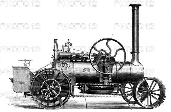 The International Exhibition: Fowler's patent engine and windlass for steam-ploughing, 1862. Creator: Unknown.