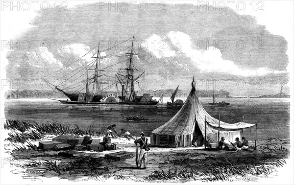 The brig Hetty Ellen discharging sections of Dr. Livingstone's new steamer..., 1862. Creator: Unknown.