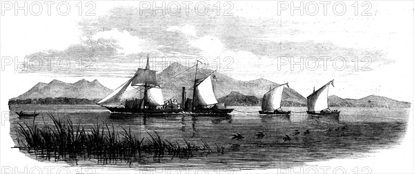 The Pioneer with boats in tow laden with parts of the steamer for Dr. Livingstone, 1862. Creator: Unknown.