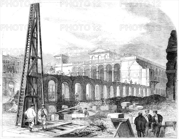 Demolition of Hungerford Market to make room for the Charing-Cross Railway Station, 1862.  Creator: Unknown.