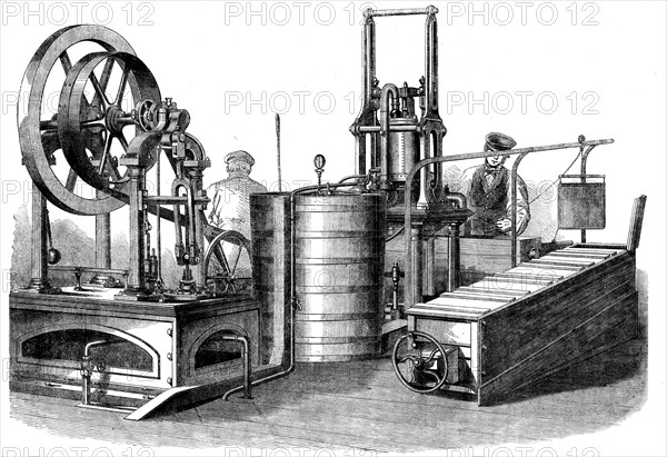 The International Exhibition: Siebes' patent ice-making machine..., 1862.  Creator: Unknown.